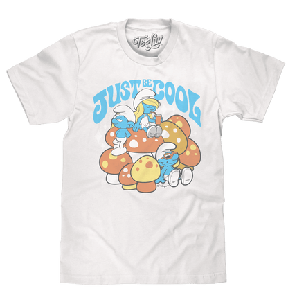 White crew-neck T-shirt with Smurfs “Just be cool” graphic