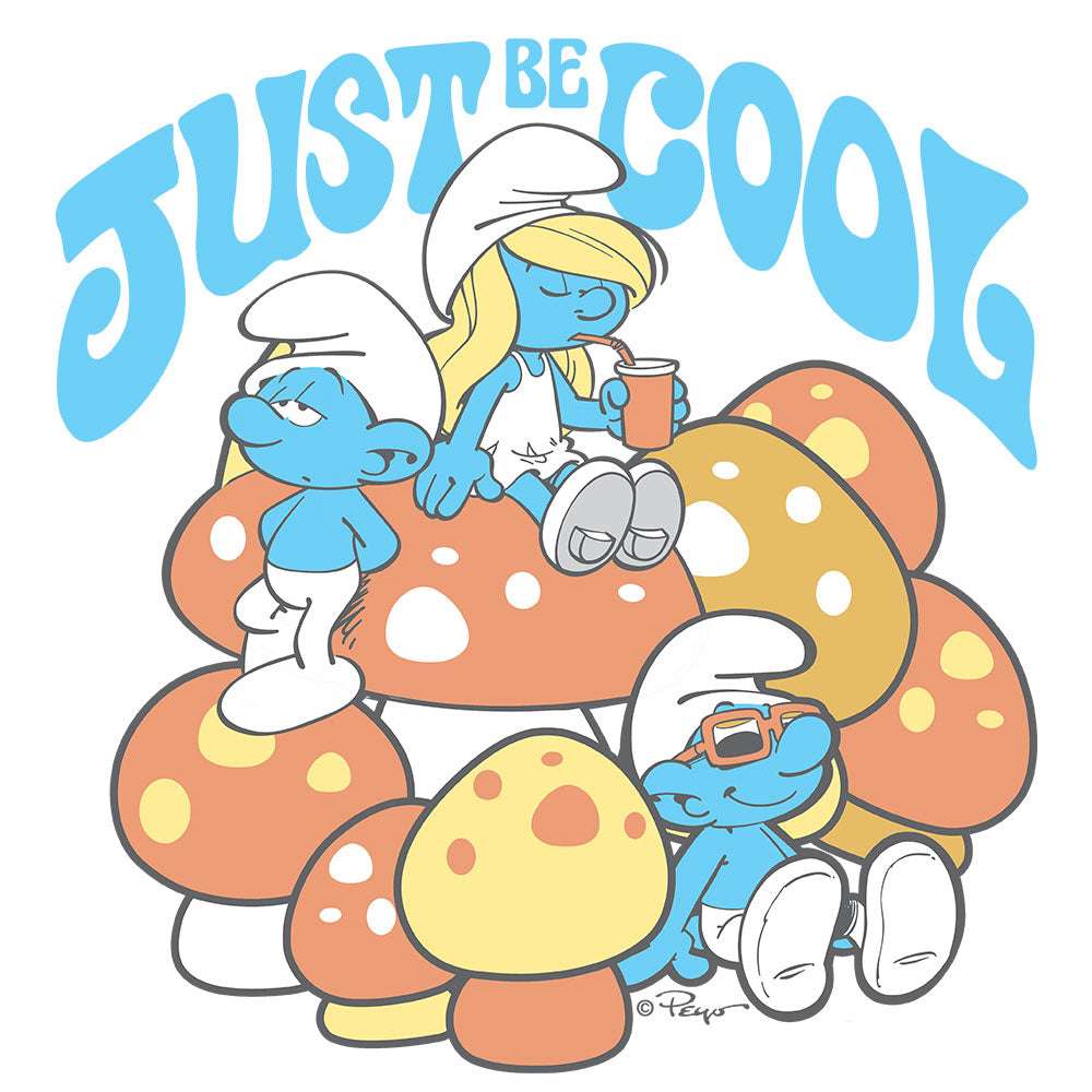 White crew-neck T-shirt close-up: blue “Just be cool” Smurfs print