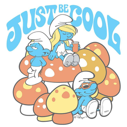 White crew-neck T-shirt close-up: blue “Just be cool” Smurfs print
