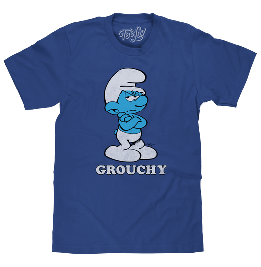 Royal blue graphic T-shirt with Grouchy Smurf front print
