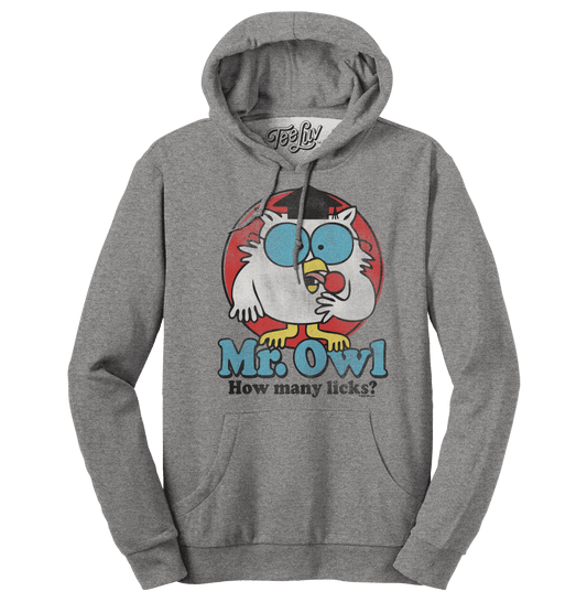 Gray pullover hoodie with Mr. Owl front graphic and 'How many licks?' text