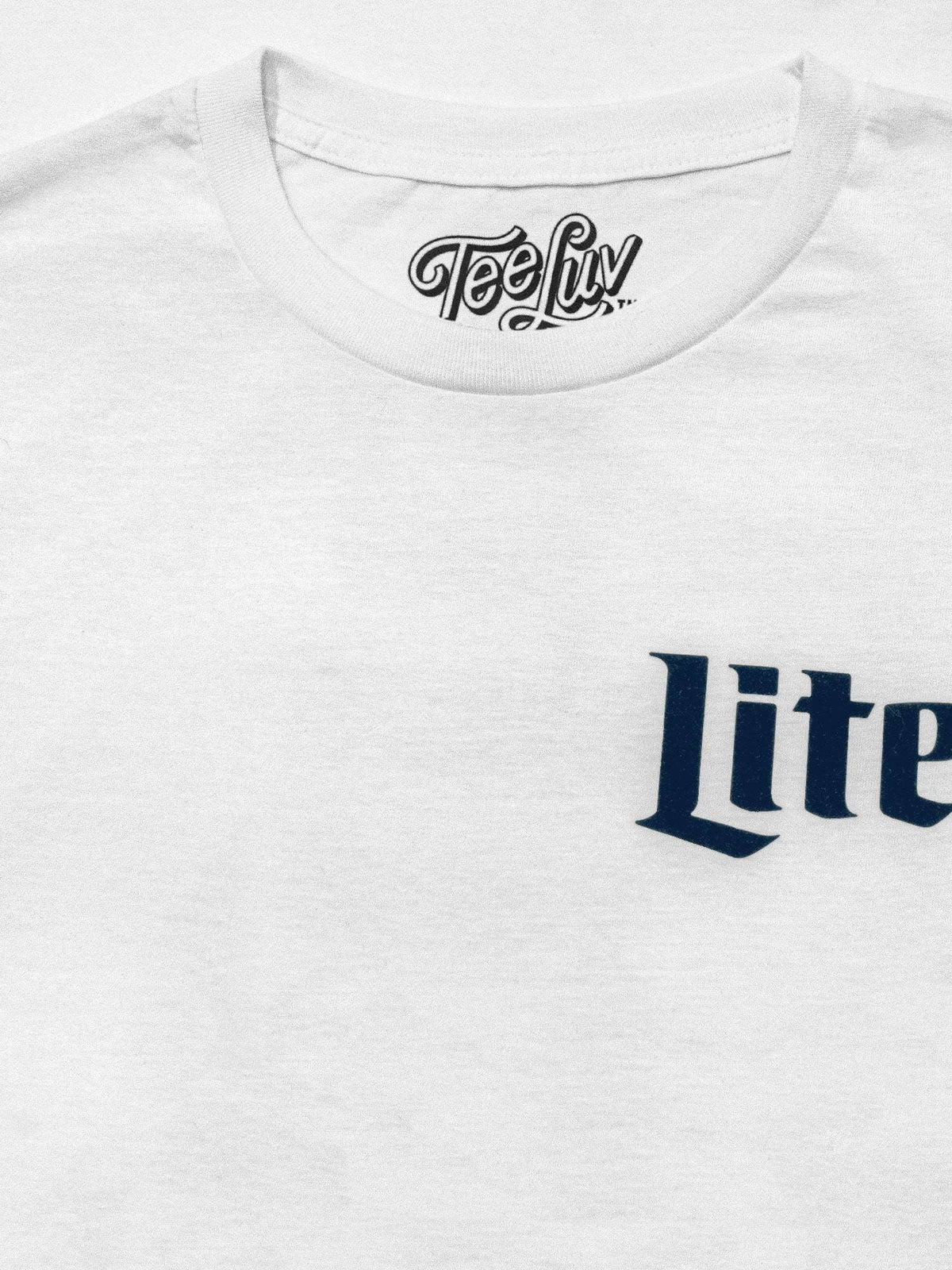 White T-shirt close-up of Lite print and Tee Luv neck logo
