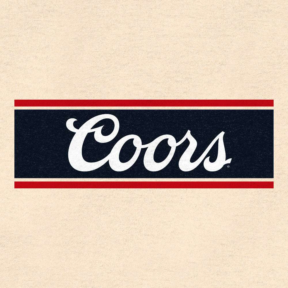 Cream T-shirt with centered Coors logo wordmark in dark banner