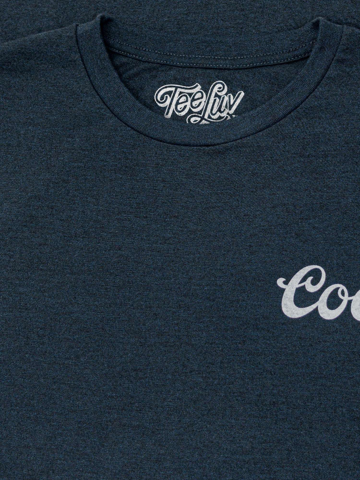 Heather black T-shirt crew neck with TeeLuv logo at collar