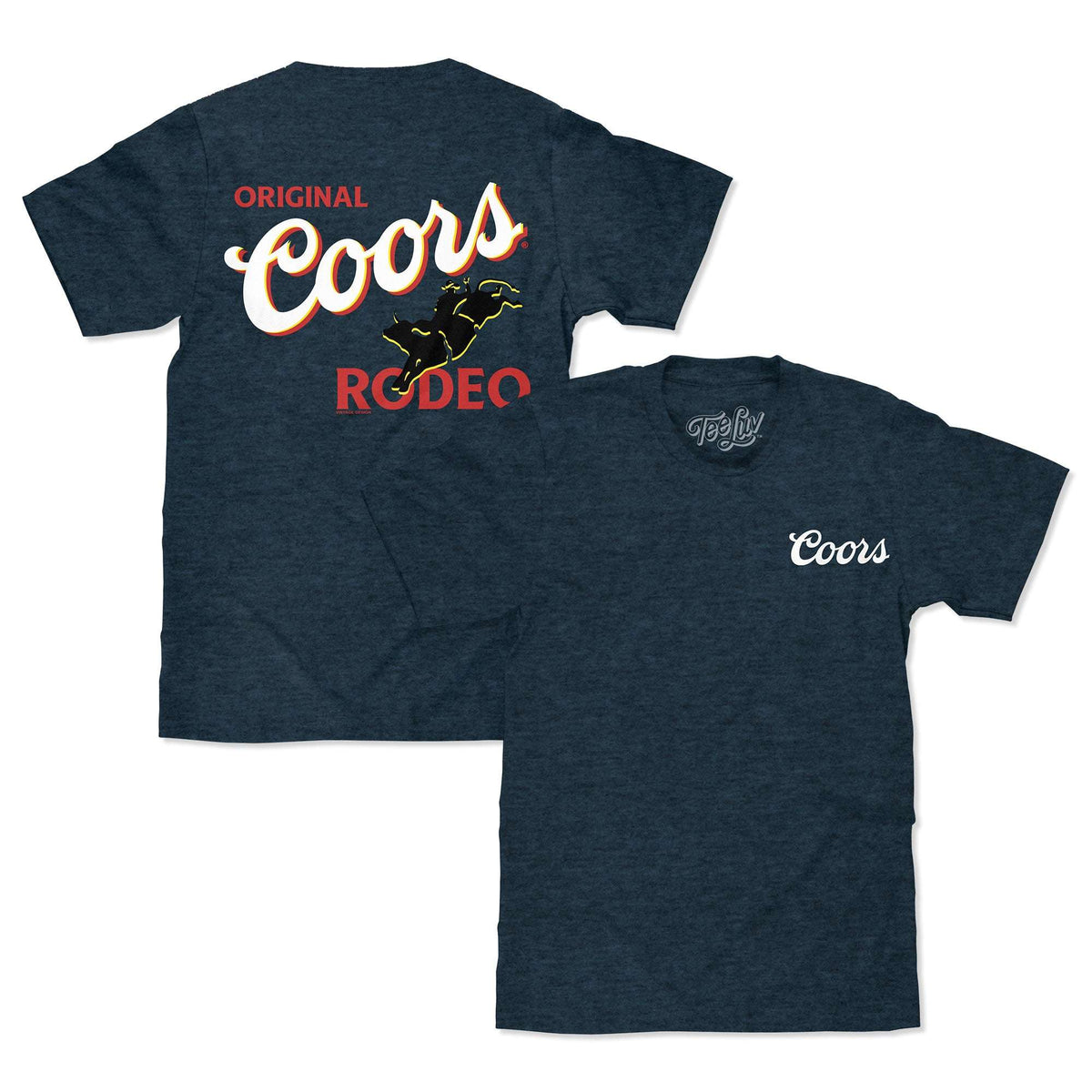 Heather black Coors rodeo cowboy T-shirts, front and back views
