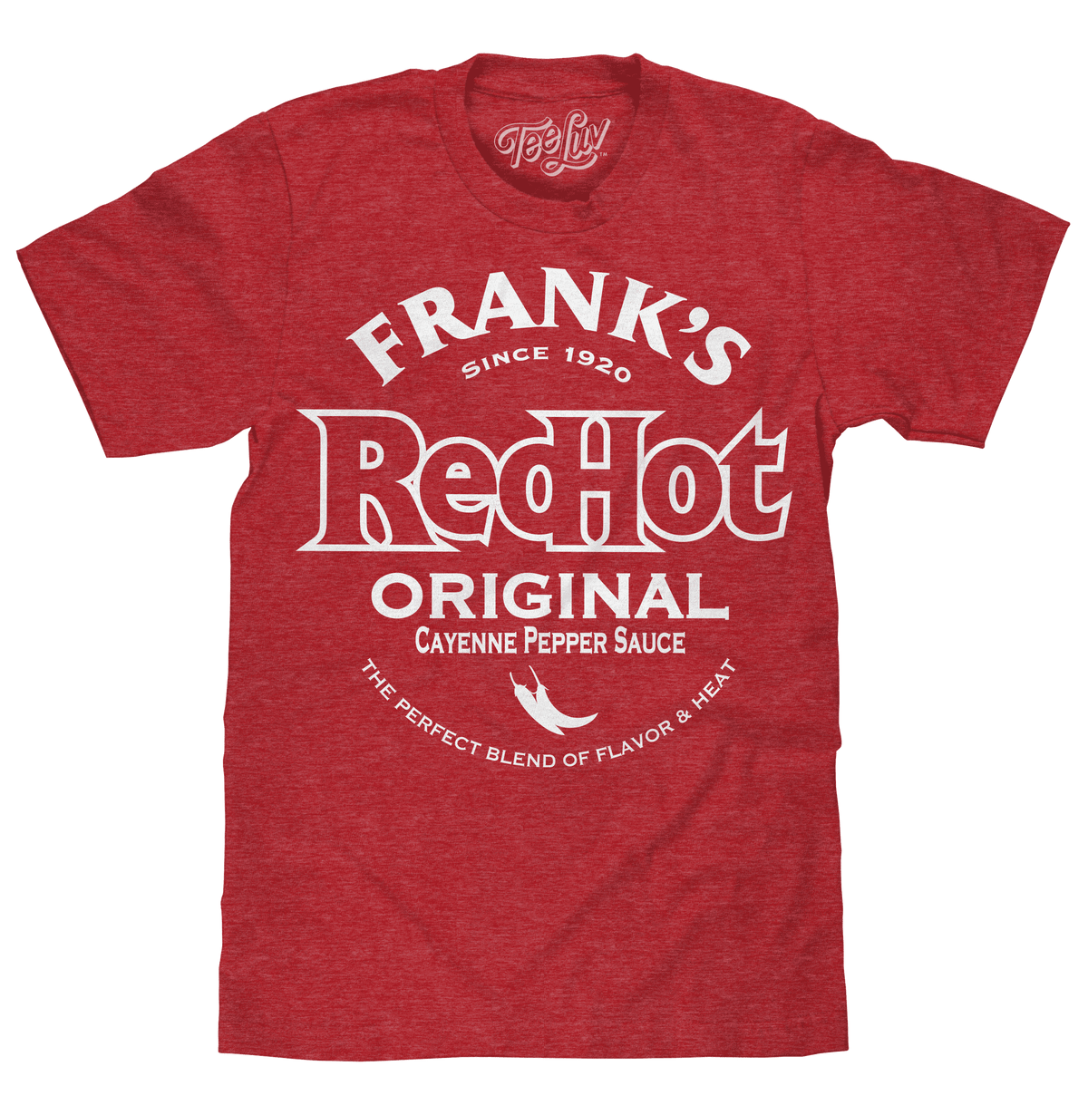 Heather red graphic T-shirt with Frank's RedHot Original front logo