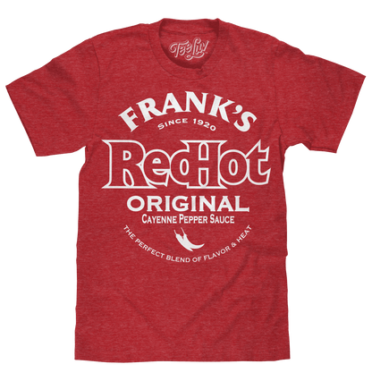 Heather red graphic T-shirt with Frank's RedHot Original front logo