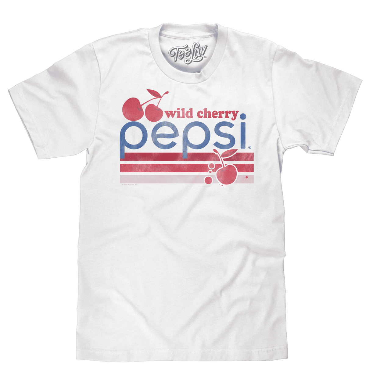 White crewneck T-shirt with TeeLiv logo and wild cherry Pepsi graphic