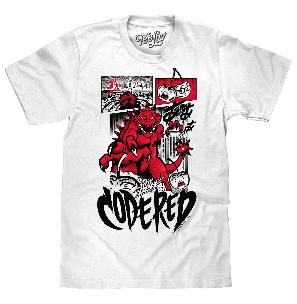 White graphic t-shirt with red demon comic-style front print and large "CODE RED" text