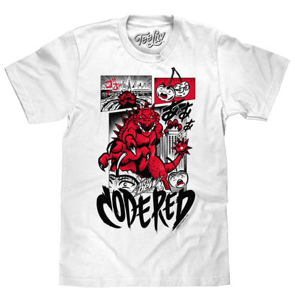 White graphic t-shirt with red demon comic-style front print and large "CODE RED" text