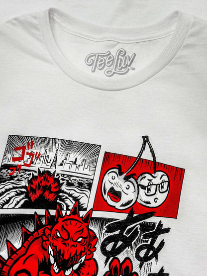White crew-neck t-shirt with TeeLuv logo collar and red comic front artwork