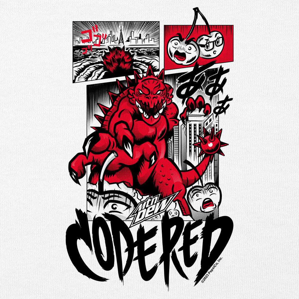 White t-shirt with close-up red demon comic graphic and "CODE RED" lettering
