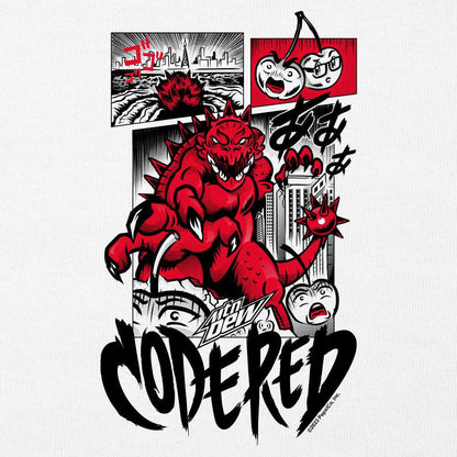 White t-shirt with close-up red demon comic graphic and "CODE RED" lettering