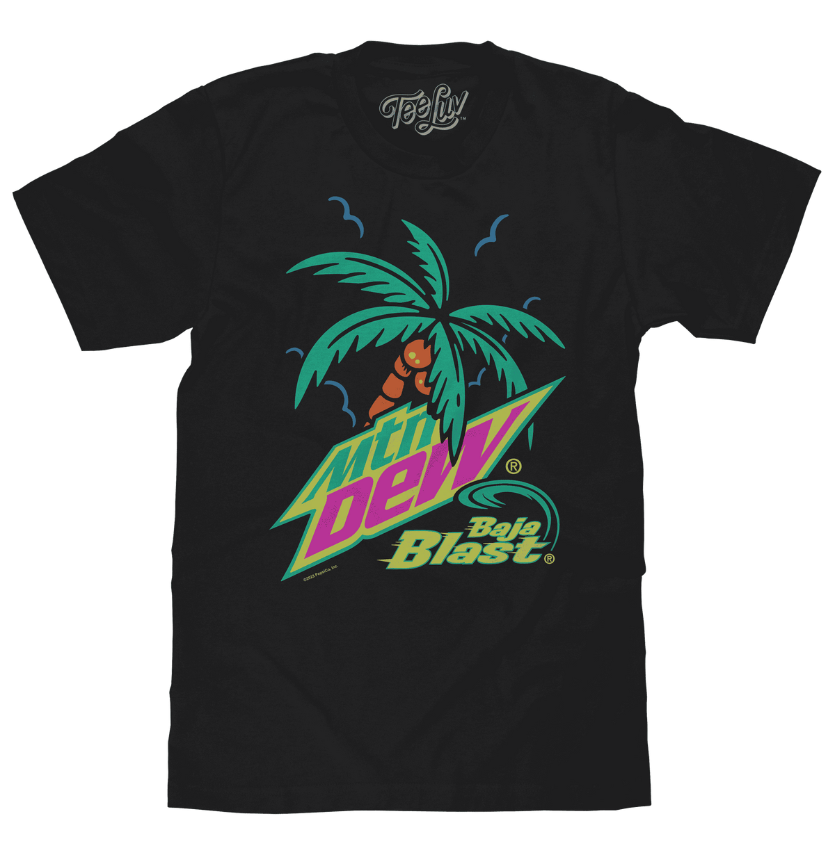 Black graphic T-shirt with palm and Baja Blast logo on front