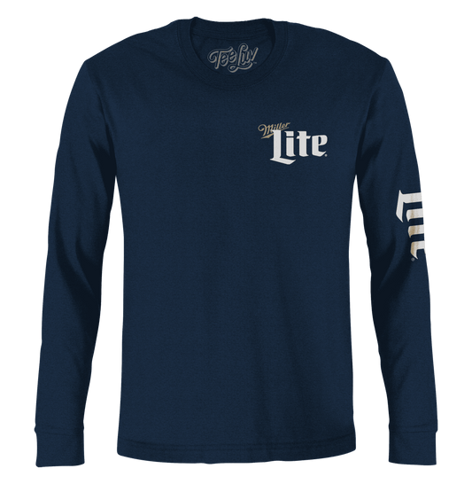 Navy long-sleeve T-shirt with Miller Lite front logo