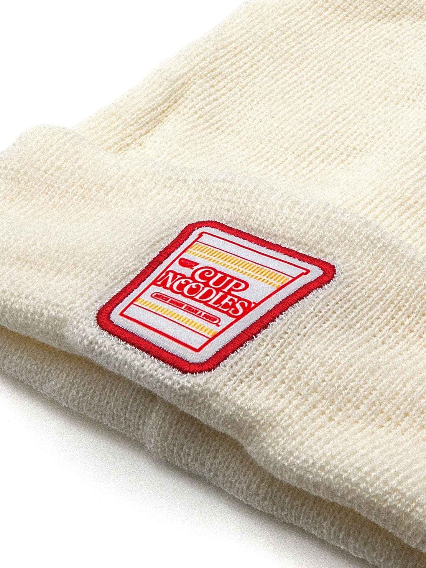 Nissin Cup Noodles Logo Embroidered Knit Beanie | White