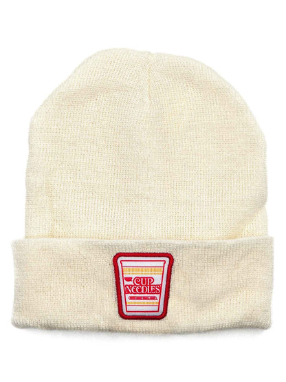 Nissin Cup Noodles Logo Embroidered Knit Beanie | White