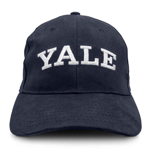 Embroidered navy baseball cap with white Yale logo front view