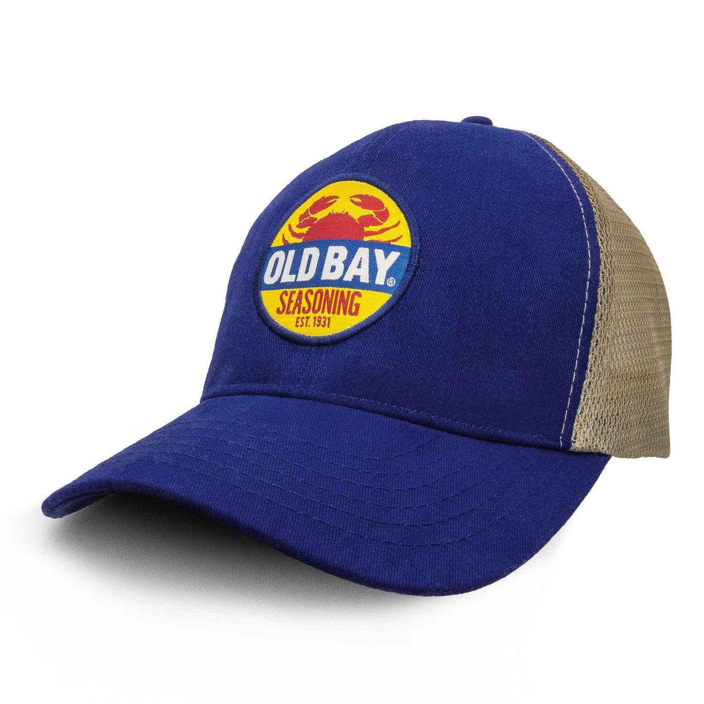 Old Bay Seasoning Crab Logo Mesh Back Trucker Hat | Blue & Tan