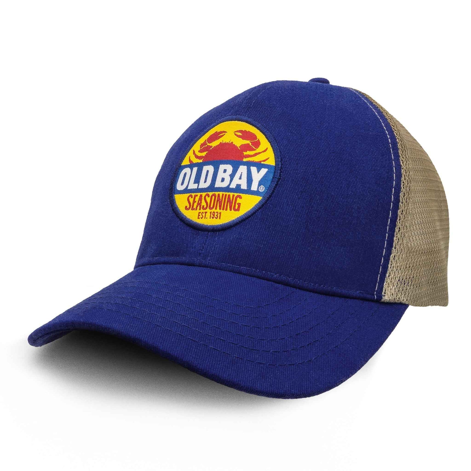 Old Bay Seasoning Crab Logo Mesh Back Trucker Hat | Blue & Tan
