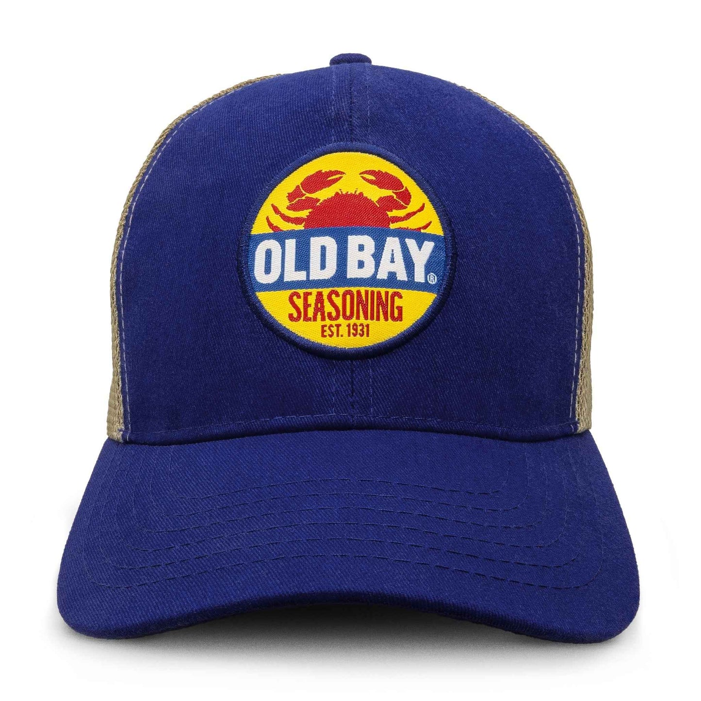 Old Bay Seasoning Crab Logo Mesh Back Trucker Hat | Blue & Tan