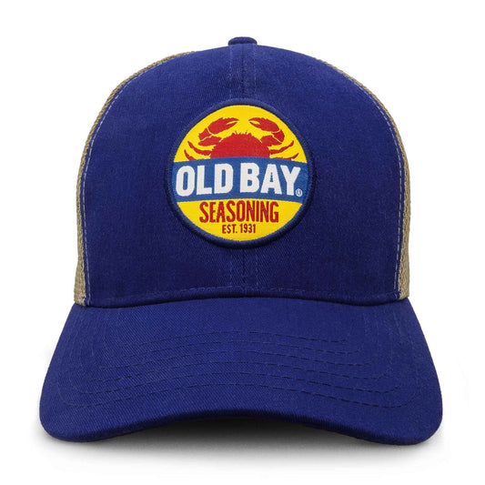 Old Bay blue trucker hat with front crab logo patch