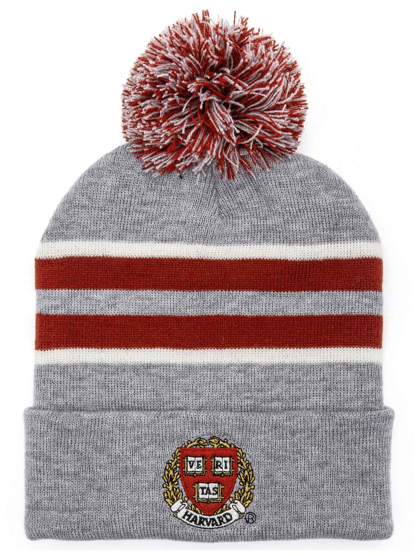 Harvard University Veritas Shield Embroidered Pom Pom Beanie | Gray, Burgundy & White
