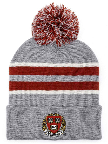 Harvard University Veritas Shield Embroidered Pom Pom Beanie | Gray, Burgundy & White