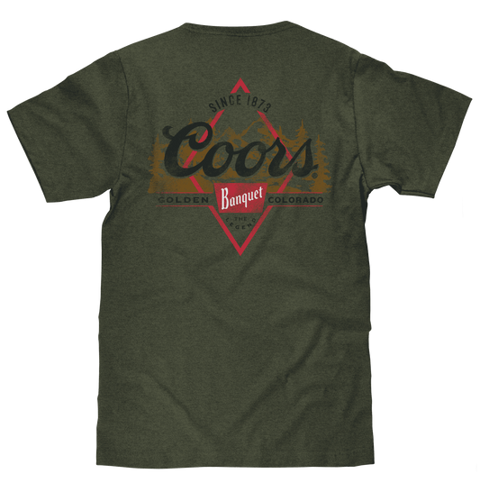 Forest green T-shirt with large back Coors graphic and red triangle