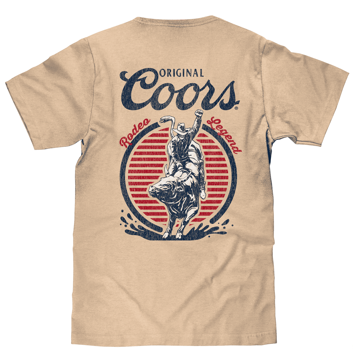 Cream back of Coors T-shirt with “Original Coors” and rodeo rider emblem graphic