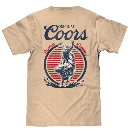 Cream back of Coors T-shirt with “Original Coors” and rodeo rider emblem graphic