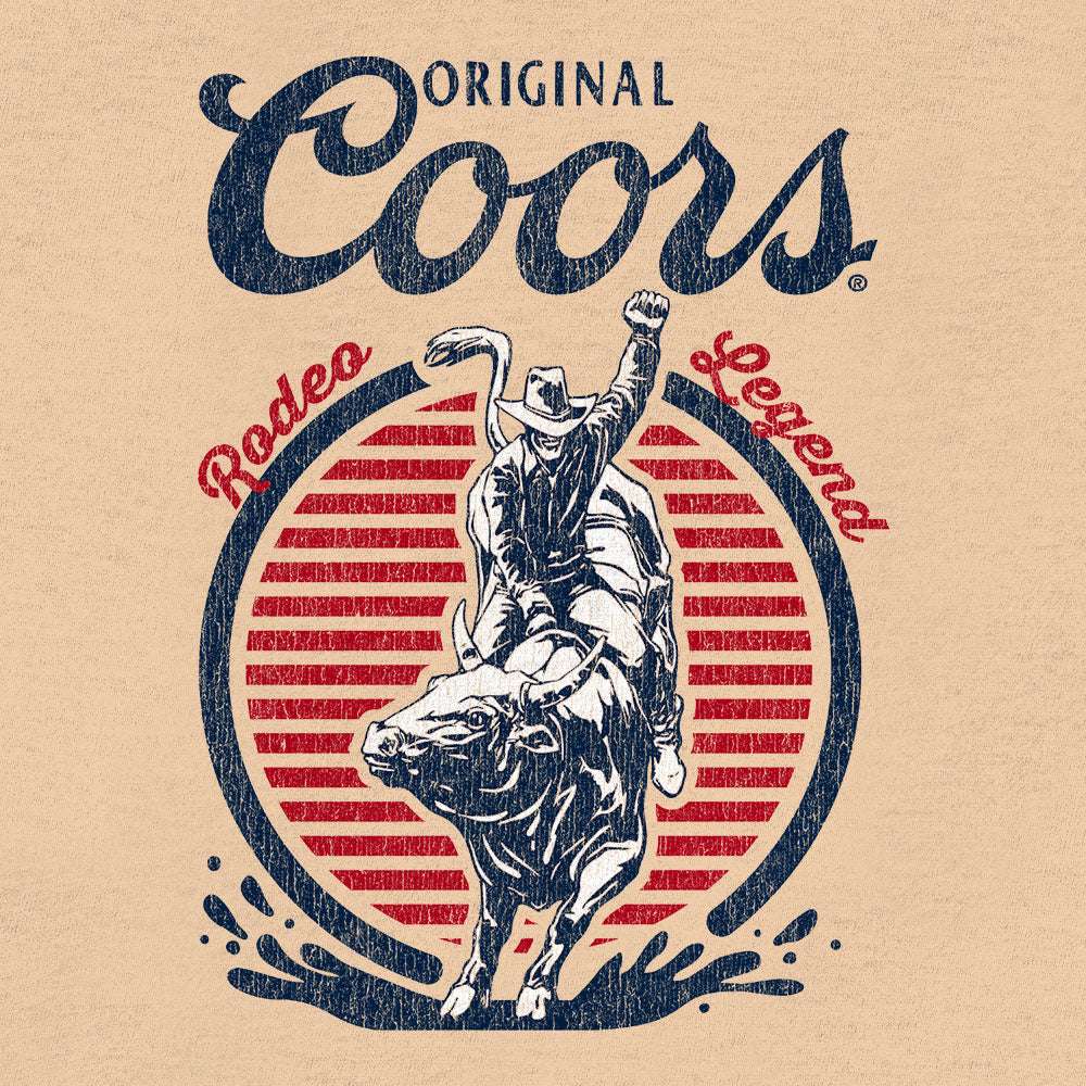 Close-up of rodeo rider and circular U.S. stripes Coors graphic on cream shirt
