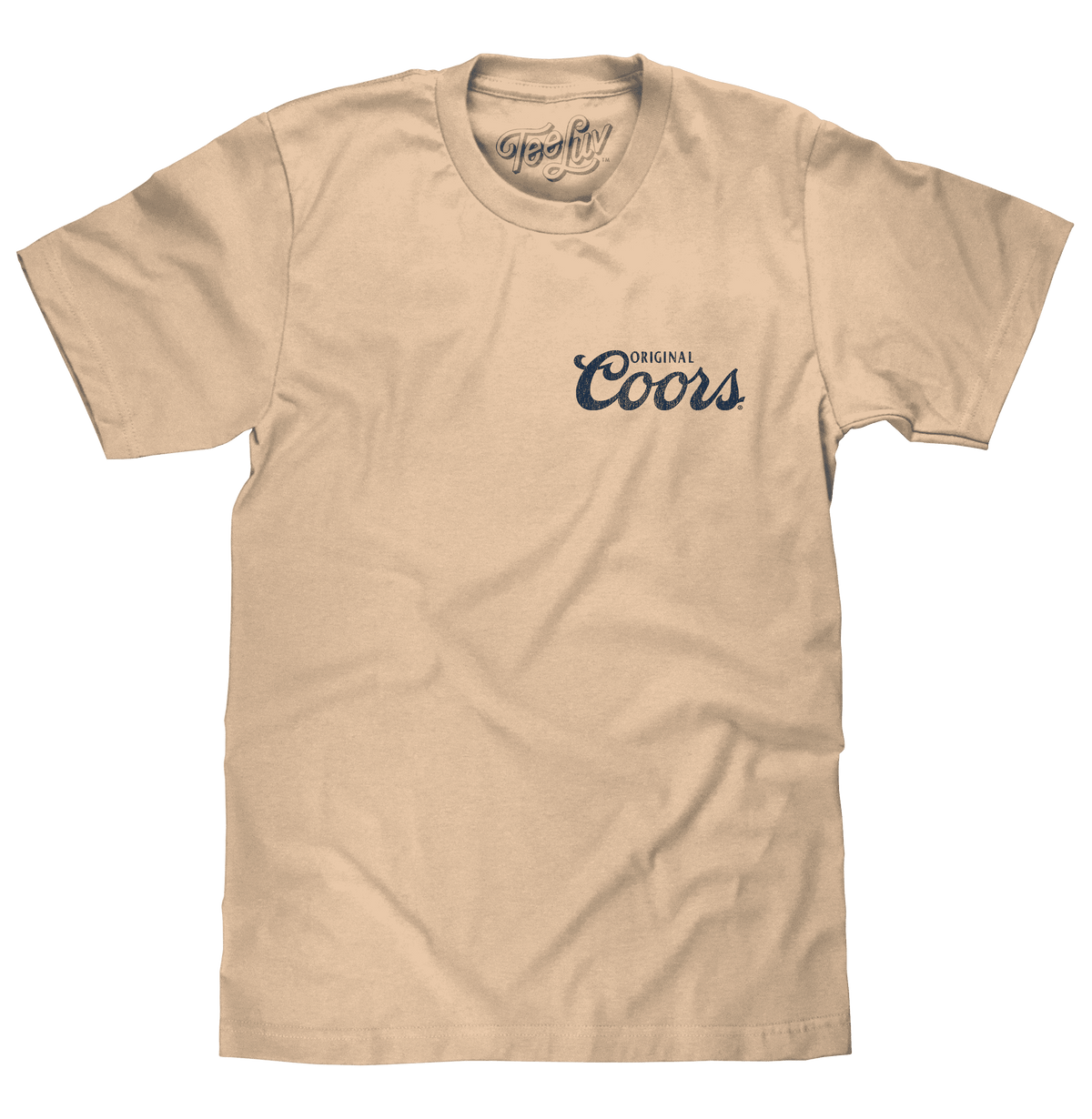 Cream crewneck Coors T-shirt with small front “Coors” logo graphic
