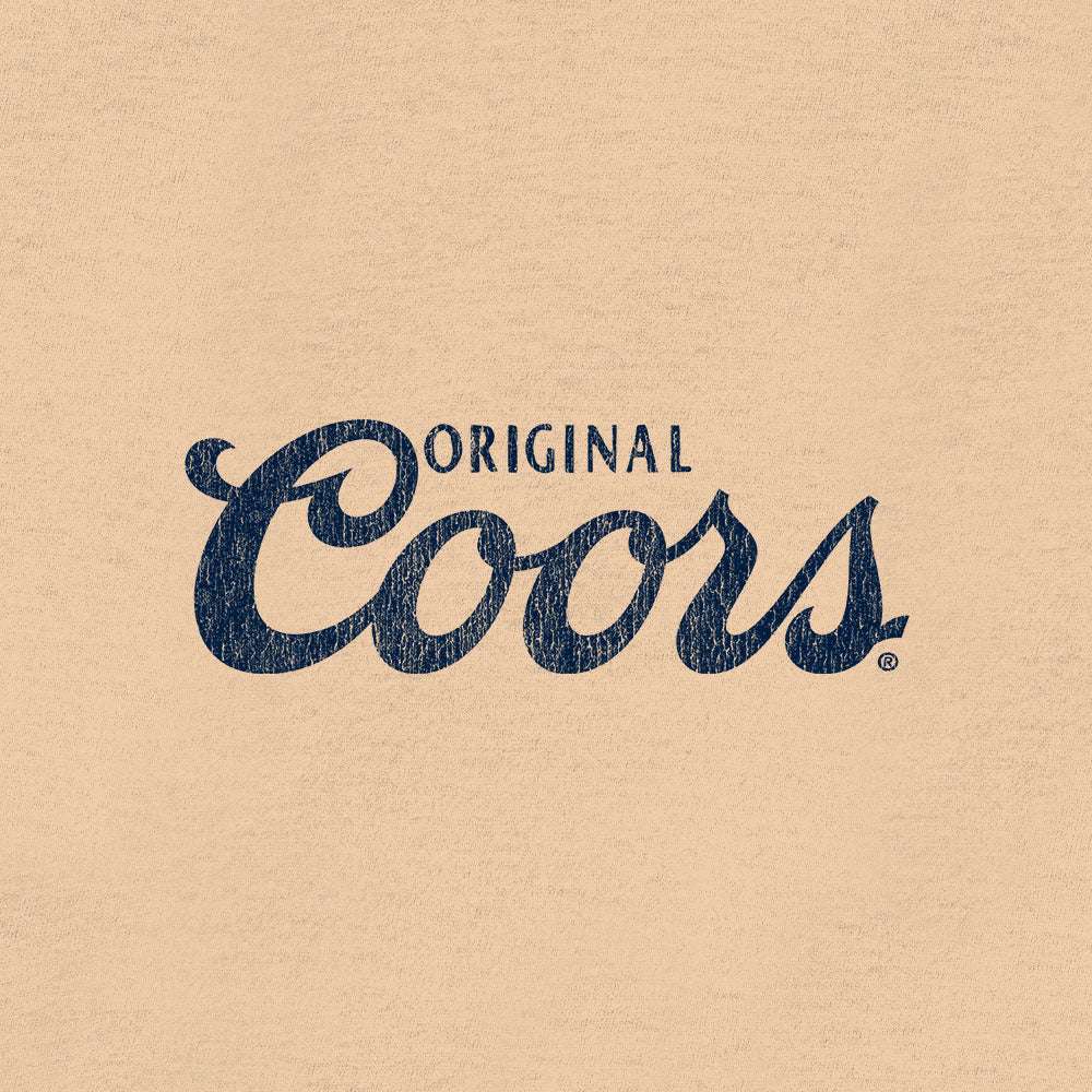 Close-up of Coors “Original Coors” logo print on cream T-shirt