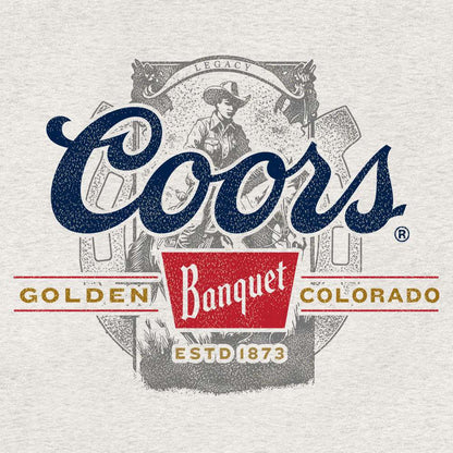Close-up Coors Golden Banquet Colorado beer graphic on gray T-shirt