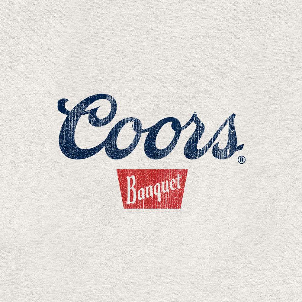 Close-up of blue Coors logo with red Banquet label graphic