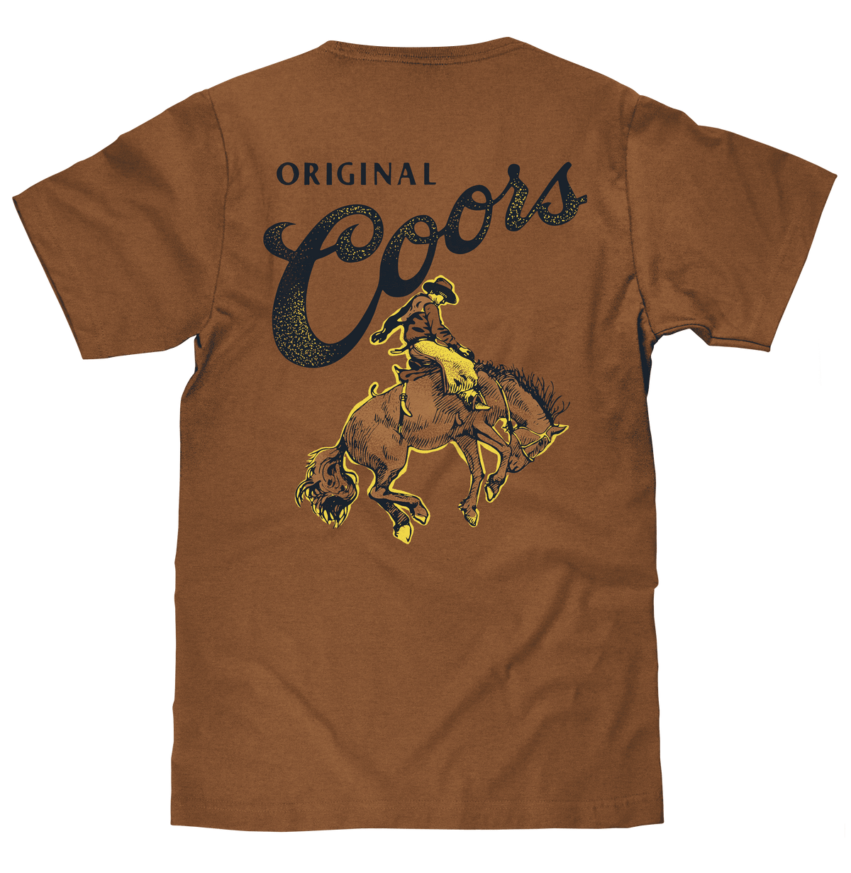 Brown cowboy T-shirt with large back graphic of riding horses and Coors text