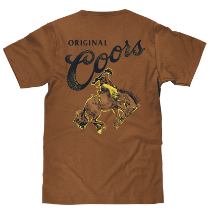 Brown cowboy T-shirt with large back graphic of riding horses and Coors text