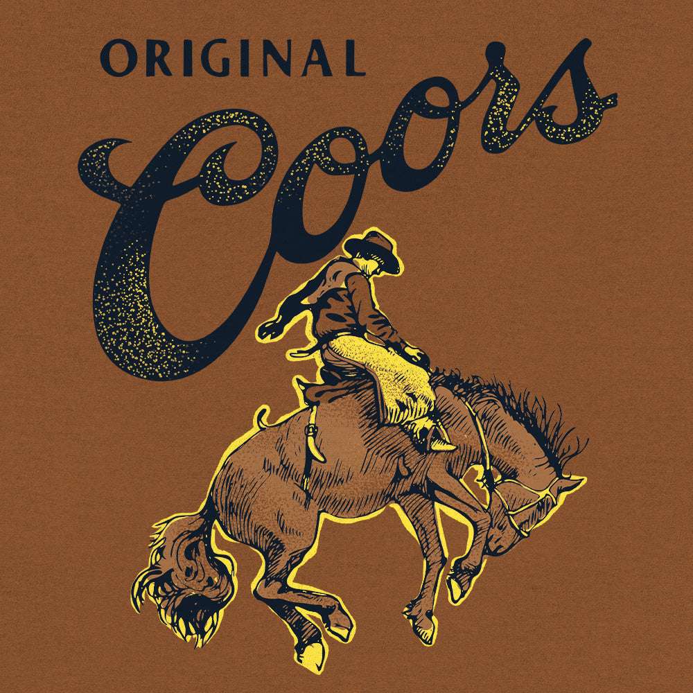 Close-up of cowboy riding horses graphic with Coors lettering on brown T-shirt