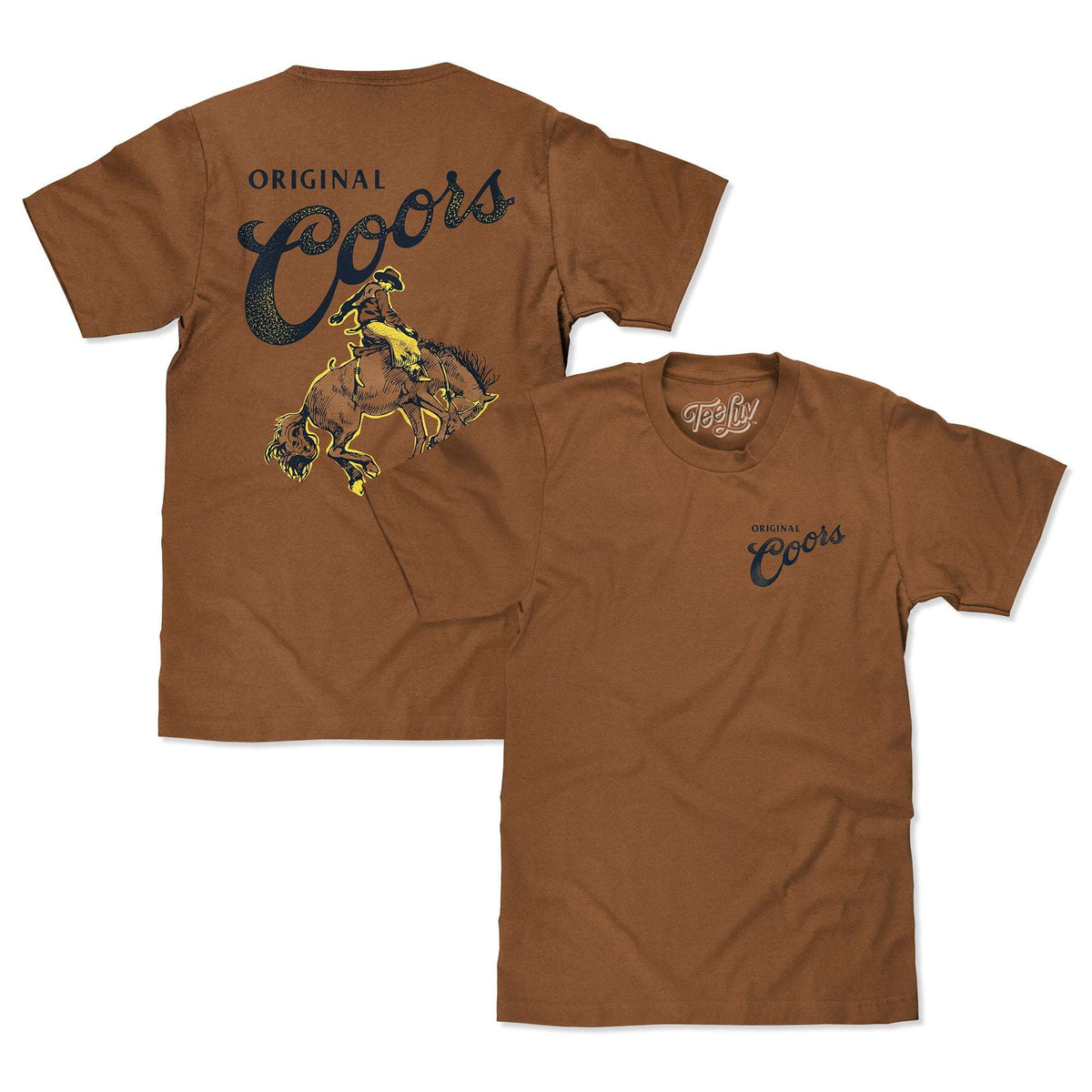 Two brown cowboy T-shirts shown front and back with Coors graphics