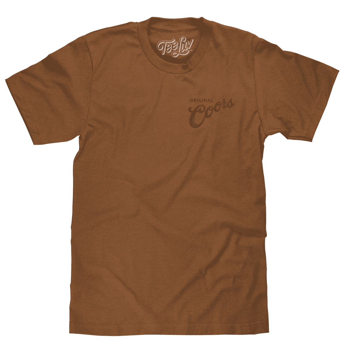 Brown cowboy T-shirt with small Coors logos on chest, crew neck, short sleeves