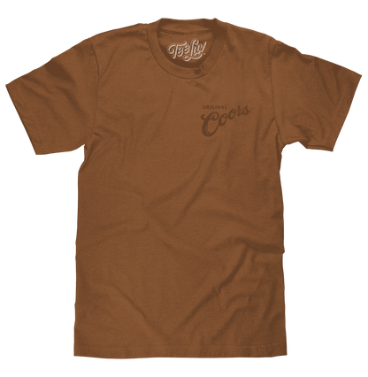 Brown cowboy T-shirt with small Coors logos on chest, crew neck, short sleeves