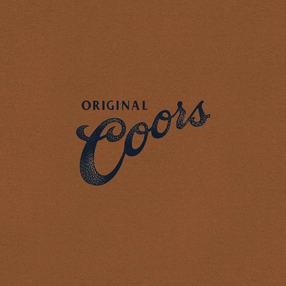 Close-up of blue Original Coors logo print on brown T-shirt