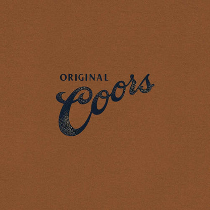 Close-up of blue Original Coors logo print on brown T-shirt