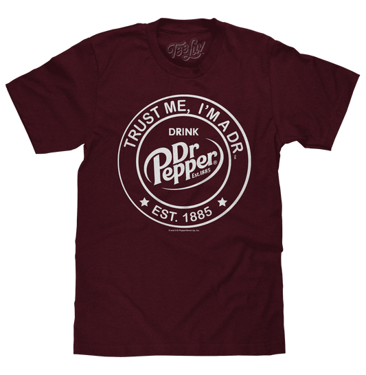 Burgundy Dr Pepper logo T-shirt with 'Trust Me, I'm a Dr' circular print
