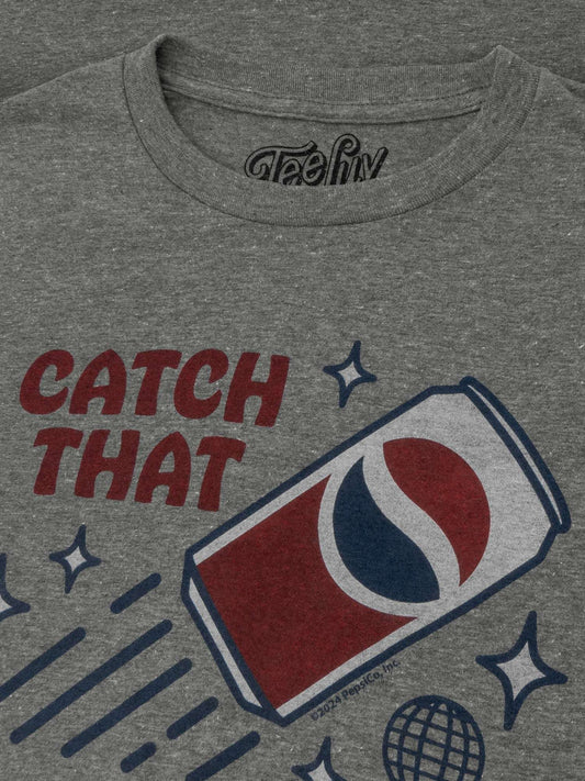 Graphite heather T-shirt close-up of Pepsi Spirit can print and stars
