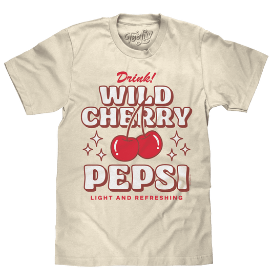 Vintage white T-shirt with red "Drink Wild Cherry Pepsi" graphic on front
