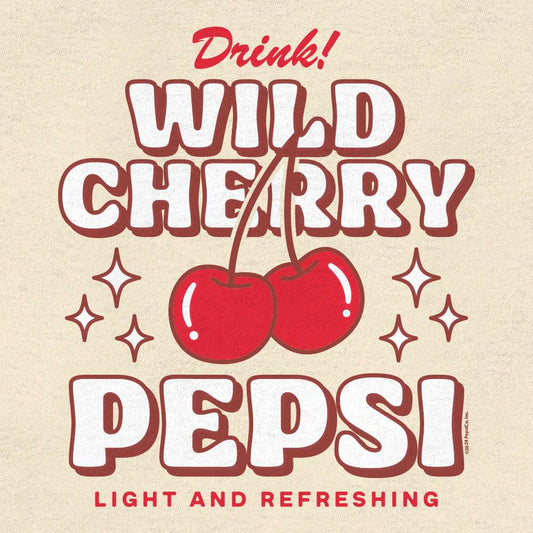 Red "Wild Cherry Pepsi" logo with cherries and star accents on shirt