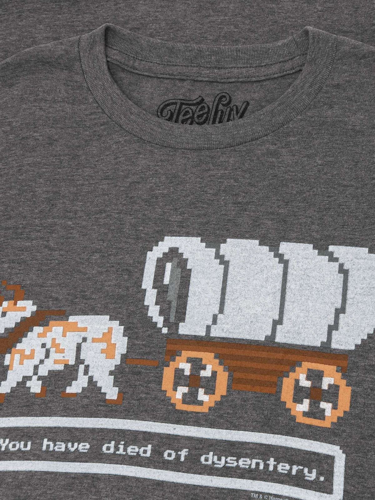 Heather graphite T-shirt close-up of pixel wagon art and 'You have died of dysentery'