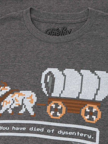 Heather graphite T-shirt close-up of pixel wagon art and 'You have died of dysentery'